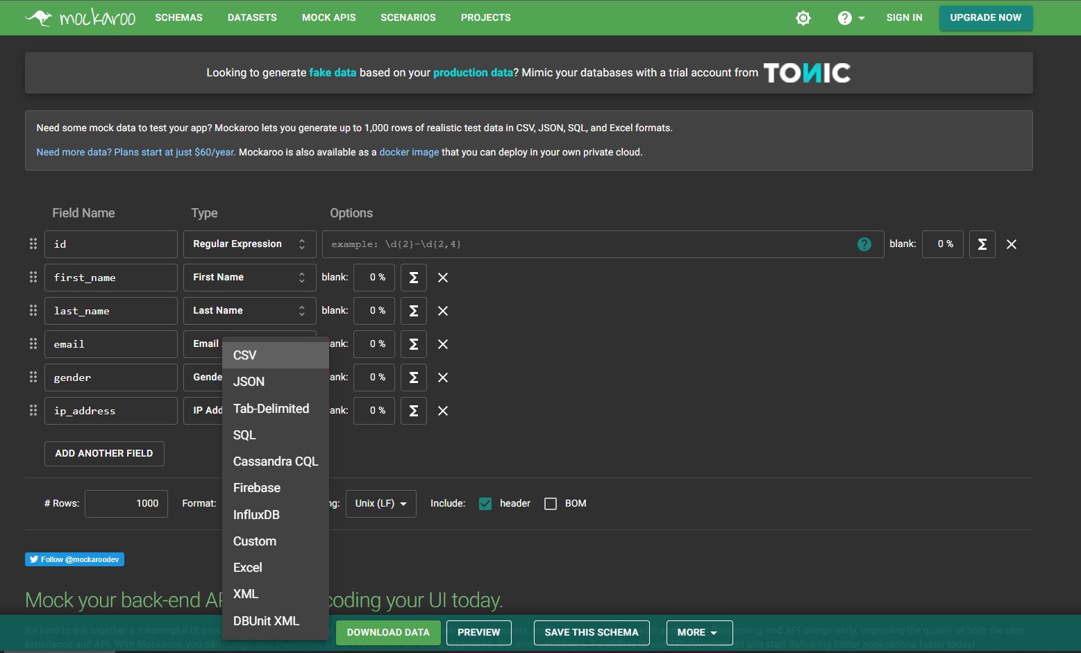 Captura de pantalla mostrando los formatos de exportación de Mockaroo
