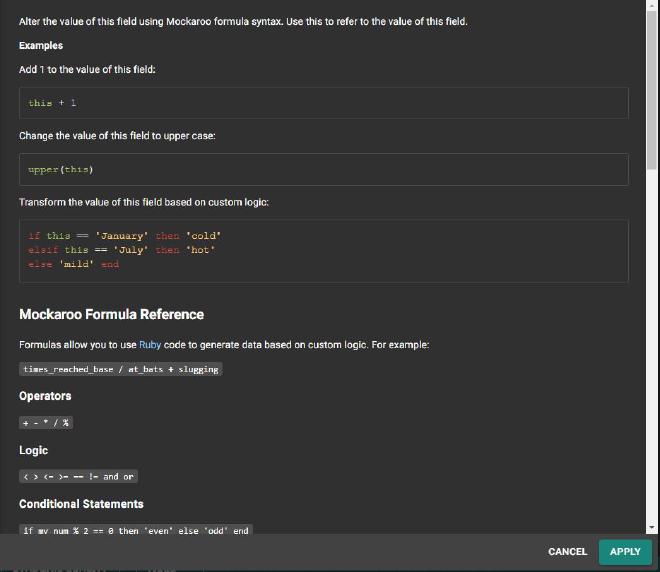 Captura de pantalla mostrando información sobre las fórmulas de Mockaroo