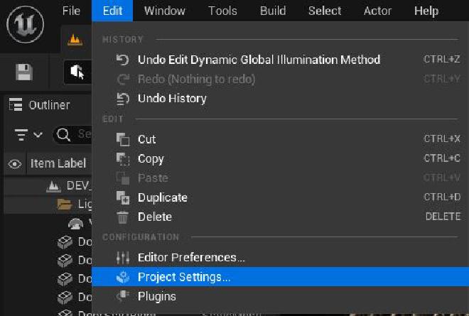 Captura de pantalla de las preferencias del proyecto en UE5